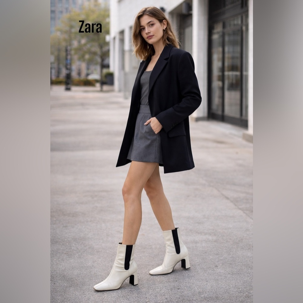 ZARA Ivory Cream Patent Leather Mid Calf Chelsea Boots Size 6